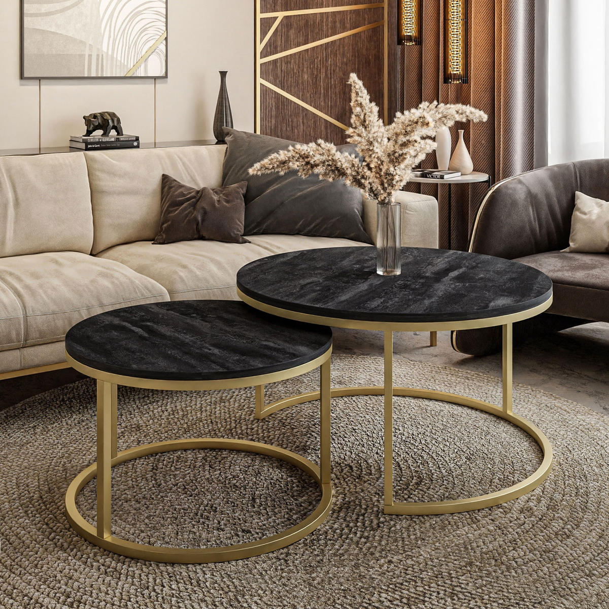 RUNDER Couchtisch 2in1 CIRI gold dunkler Beton 80/60 cm - Goldfarben/Grau, Holzwerkstoff (80/80/48cm) - Lookway