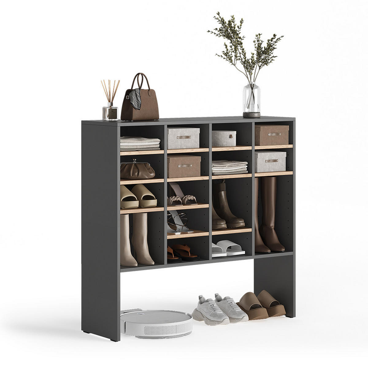 SCHUHSCHRANK Hermia, Anthrazit/Goldkraft Eiche, 104.2 x 99 cm mit 16 offenen Fächern - Honigeiche/Anthrazit, Holzwerkstoff (104.2/99/32.1cm) - Vicco