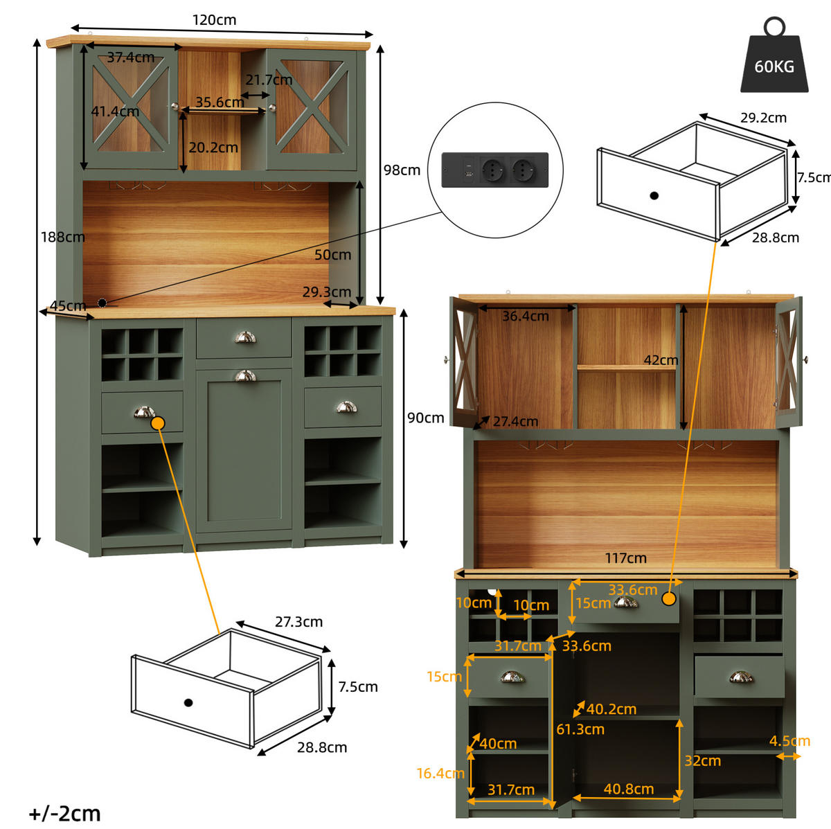 BUFFET 120/45/188 cm aus MDF und Glas mit LED-Beleuchtung & Steckdosen Antikgrün - Dunkelgrün, Holzwerkstoff (120/188/45cm) - Modenvie