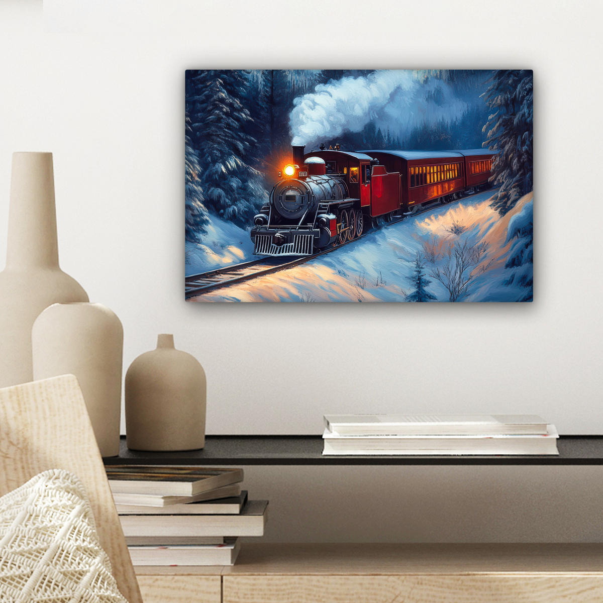 LEINWANDBILD Zug - Weihnachten - Schnee - Weihnachtszug Deko Schlafzimmer 30x20 cm - Anthrazit, Textil (30/20cm) - MuchoWow