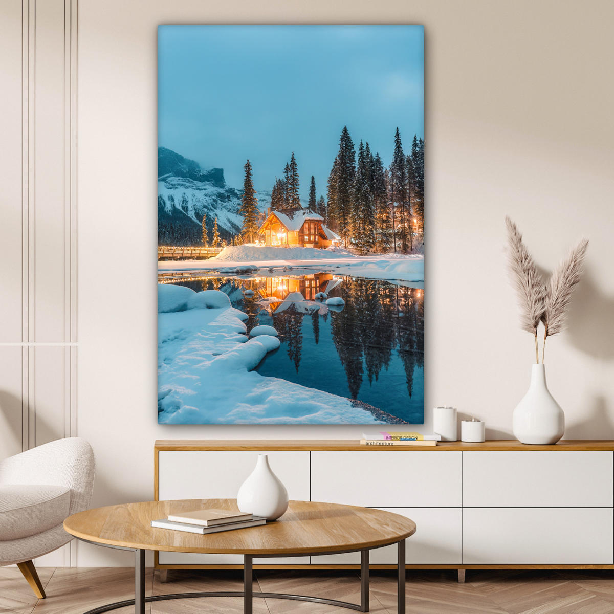 LEINWANDBILD Winterlandschaft - Natur - Haus - Berge - Schnee Deko Groß 90x140 cm - Hellblau, Textil (90/140cm) - MuchoWow
