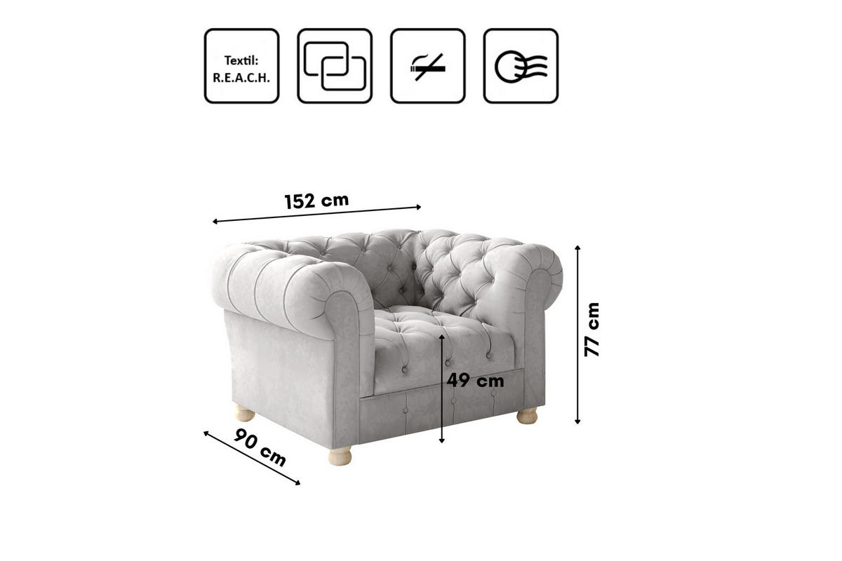 SITZGARNITUR CHESTERFIELD 2+1+1 Elegant Klassisch Schick Stoff Whisper Silber - Silberfarben, Holz (152/77/90cm) - Kaiser Möbel