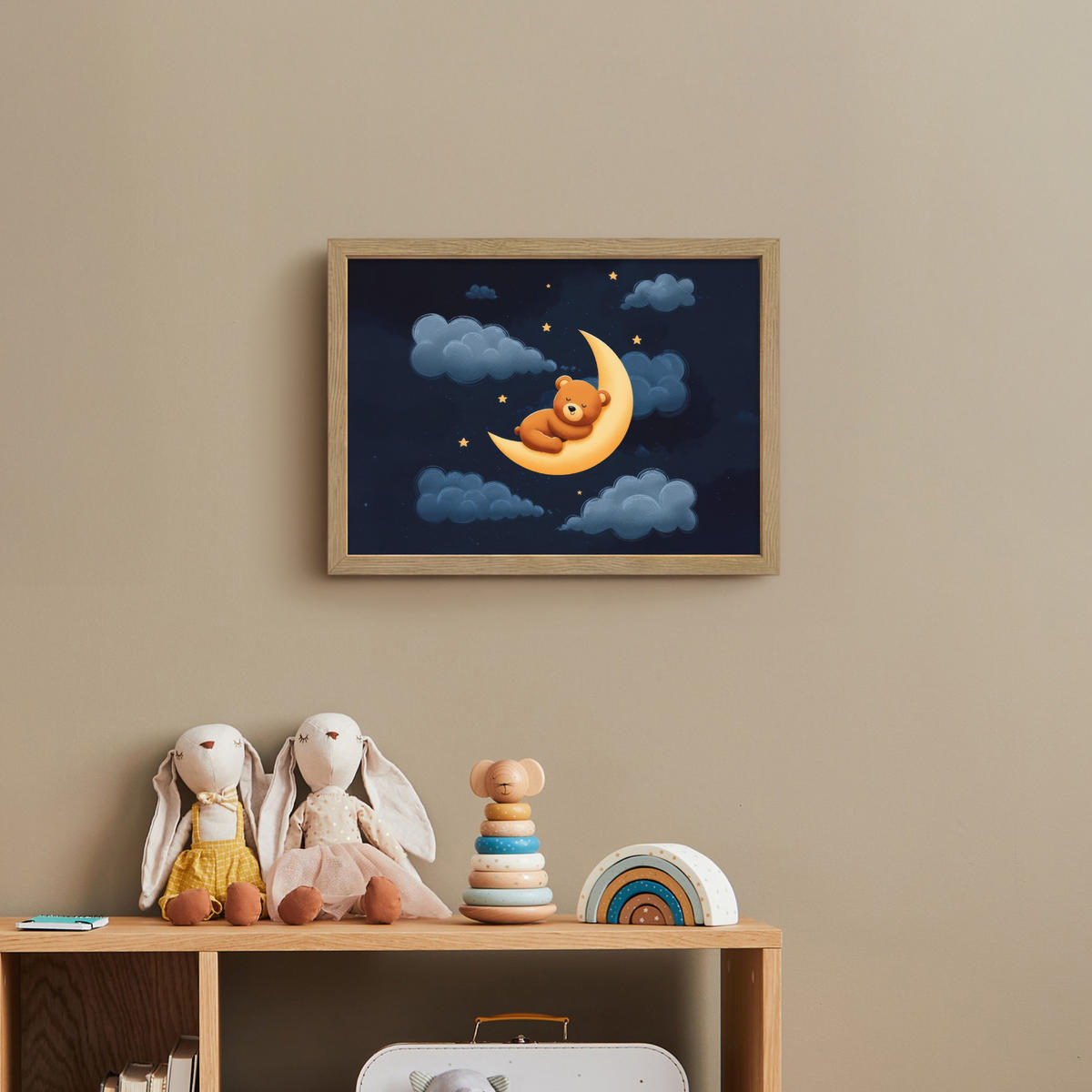 NACHTTISCHLAMPE MIT AKKU Teddybär - Mond - Wolken - Sterne 40x30 cm - Dunkelblau, Holzwerkstoff (8/40/30cm) - OnlyWow