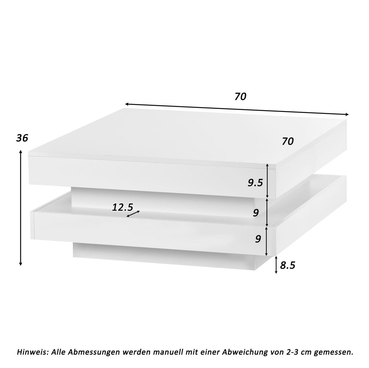 KONFERENČNÍ stolek, 70/70/36 cm bílý, vysoký lesk s otočnou deskou a LED osvětlením - bílá, kompozitní dřevo (70/70/36cm) - BEAOK