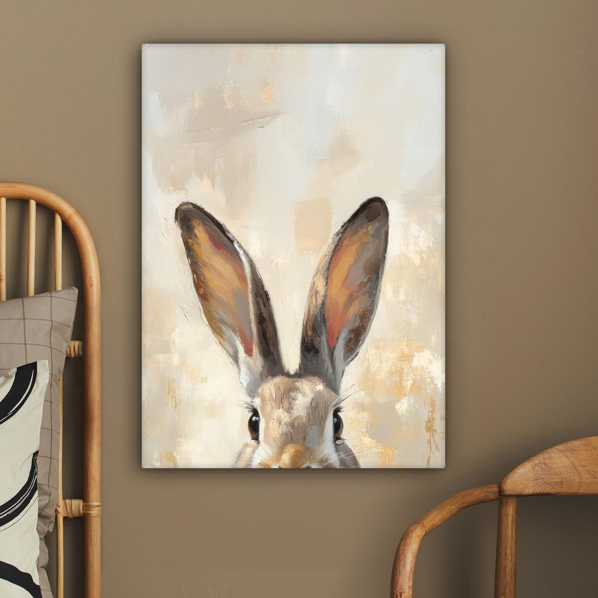 LEINWANDBILD Hase - Ohren - Braun Wandbild Wohnzimmer 60x80 cm - Beige, Textil (60/80cm) - MuchoWow