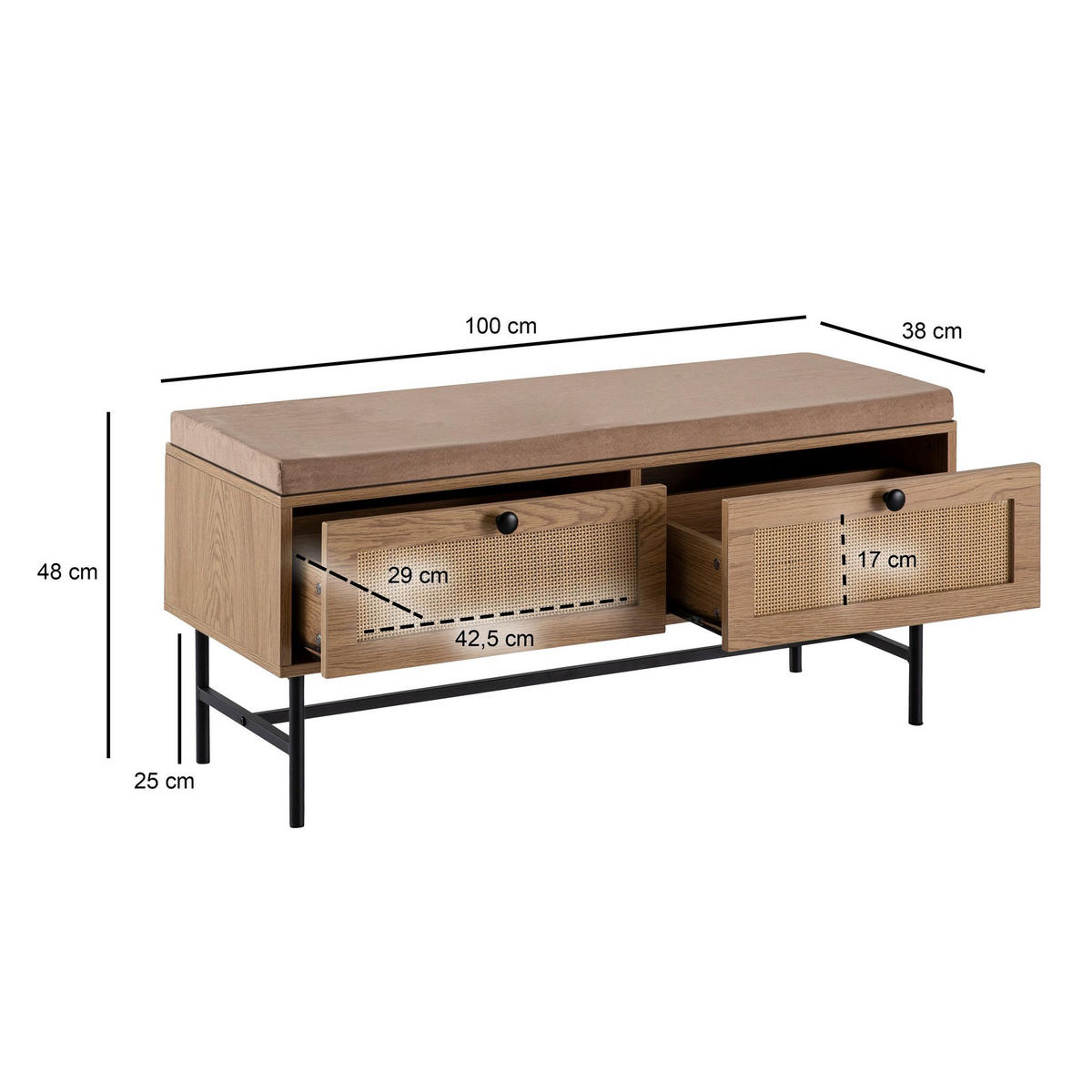 SCHUHBANK – 100x48x38 cm, Eiche-Dekor, Sitzfläche Stoff, mit Schubladen - Beige/Schwarz, Textil/Metall (100/48/38cm) - KADIMA DESIGN