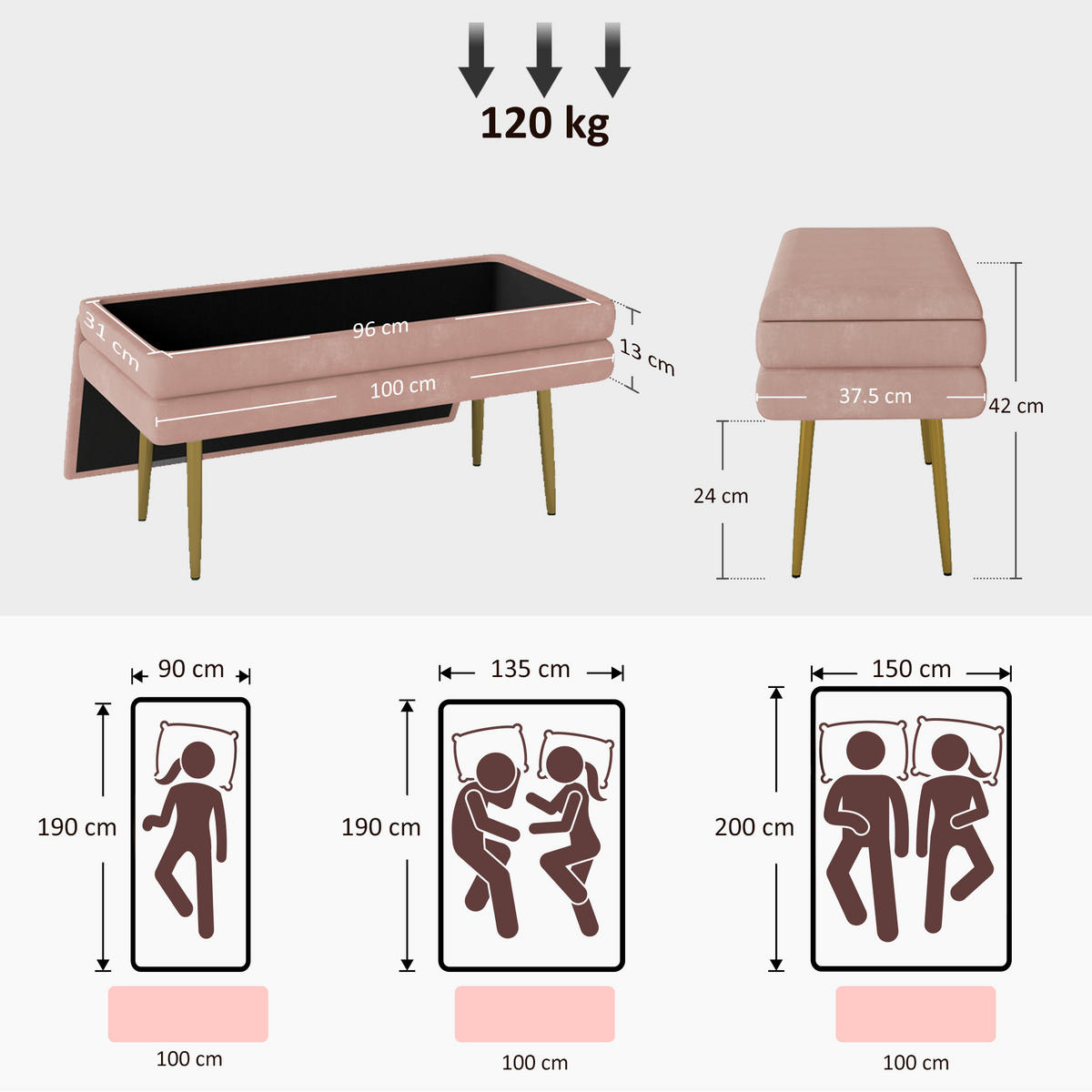 SITZBANK, Polsterbank mit Stauraum, Samtoptik, Bettbank mit Stahlbeine, Rosa - Rosa, Kunststoff (37.5/42/100cm) - HOMCOM