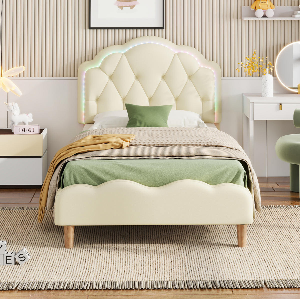 POLSTERBETT 90/200 cm Beige mit Wellenförmigem Kopfteil und LED-Beleuchtung - Beige, Kunststoff (90/200cm) - OKWISH