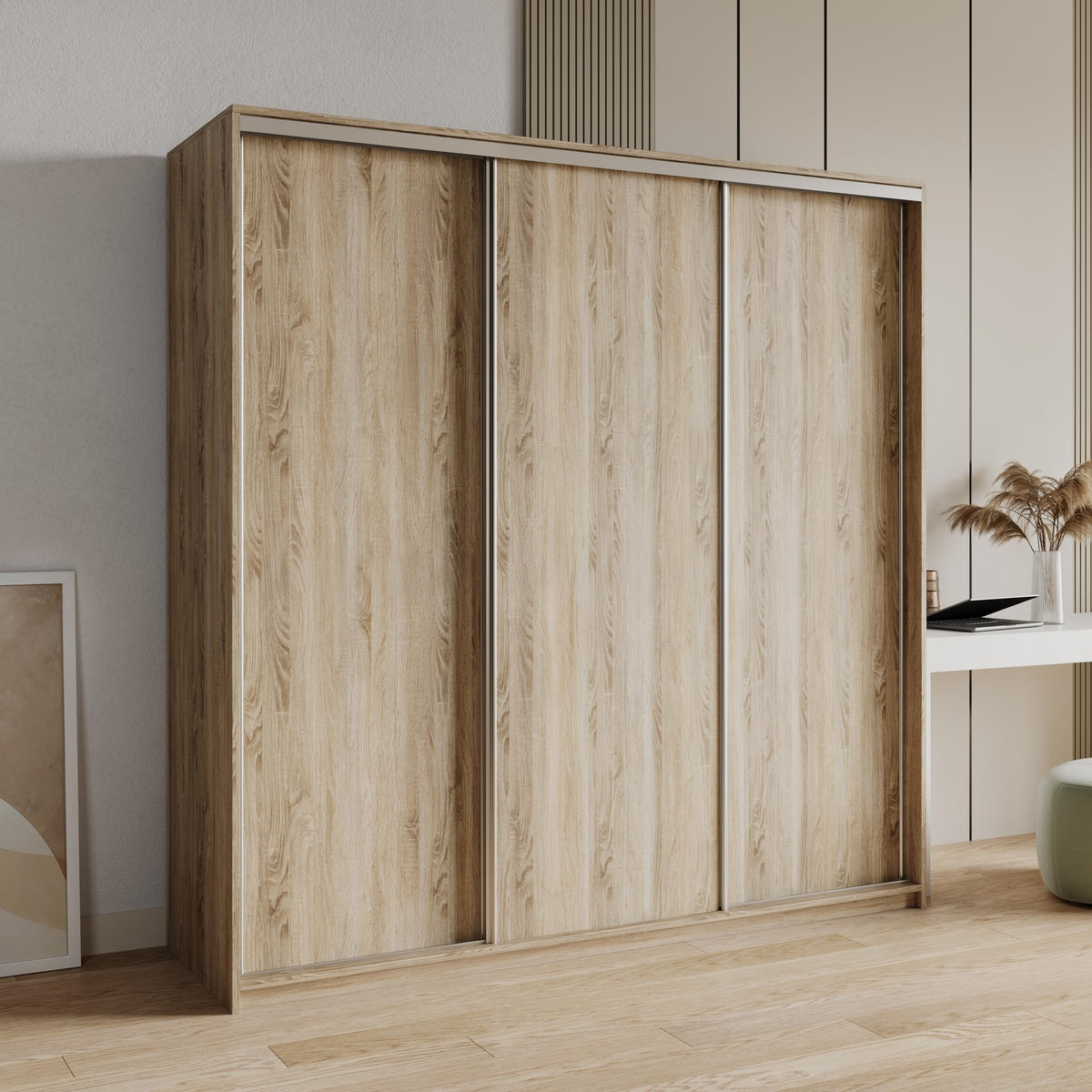 SCHWEBETÜRENSCHRANK NISSE 180/205/60 cm 3-türig mit Schubladen Sonoma Eiche - Sonoma Eiche/Nickelfarben, Holzwerkstoff (180/205/60cm) - MASSENO