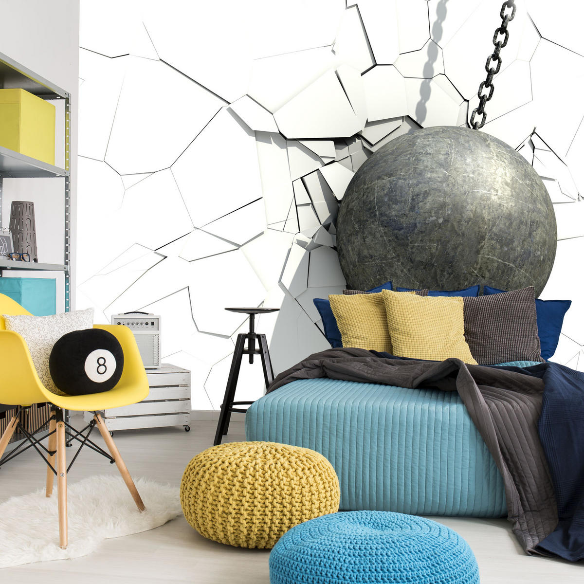 FOTOTAPETE für Büro Metallkugel Riss Weiße Wand 500x350 - Weiß/Grau, Papier (500/350cm) - Muralo