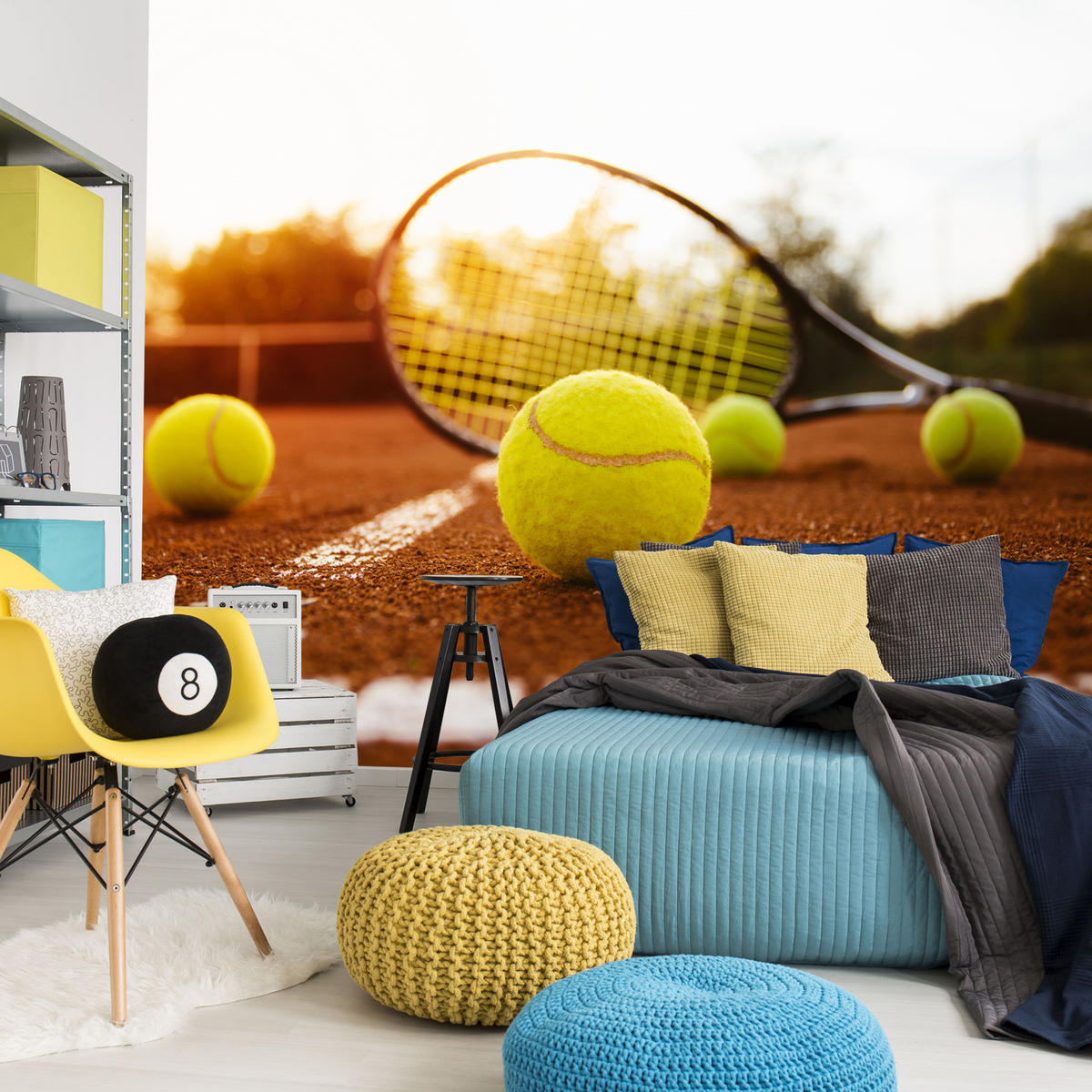 FOTOTAPETE für Jugendzimmer Tennisschläger Court Sport Ball 350x256 - Gelb/Orange, Papier (350/256cm) - Muralo