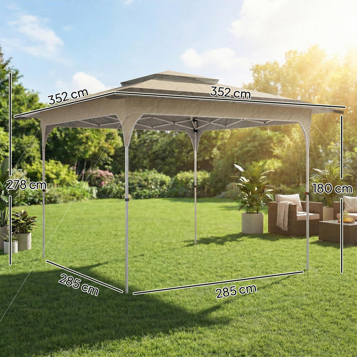 PAVILLON, faltbar mit 3 verstellbaren Höhenstufen, Doppeldach, 3,5 x 3,5 m, Khaki - Braun, Metall (352/278/352cm) - Vallsero