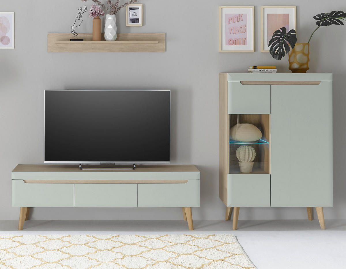 WOHNWAND 3-teilig pistazie grün, Eiche, skandinavisch 270 cm, Schrankwand mit Soft-Close-Funktion - Eichefarben/Pastellgrün, Glas/Eichenholz (270/170/40cm) - Furn.Design