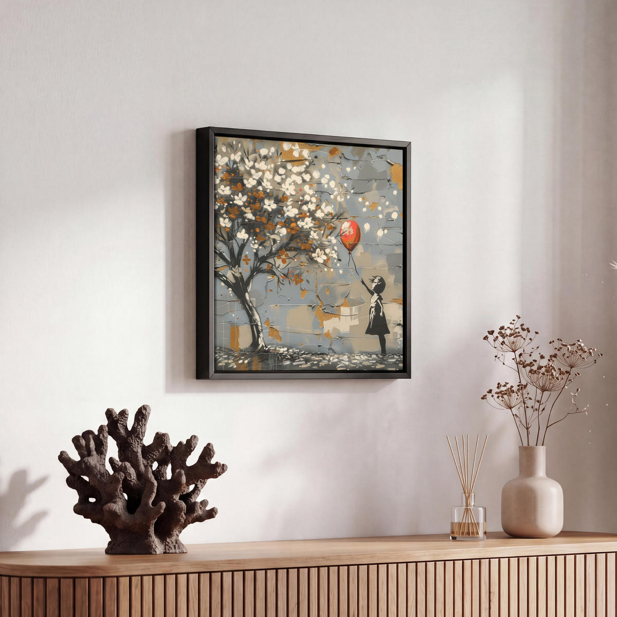 LEINWAND Bilder mit Rahmen - Baum - Graffiti - Banksy-Stil - Ballon-Mädchen - 20x20 - Blaugrau, Textil (20/20cm) - MuchoWow