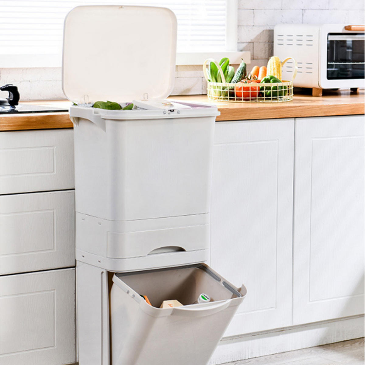 MÜLLEIMER 42L Mülltrennung 3-Stufig Schublade Rollen Kunststoff Weiß Kreatives und modernes Design 42 × 28,2 × 84 cm - Weiß, Kunststoff (42/84/28.2cm) - Livingandhome