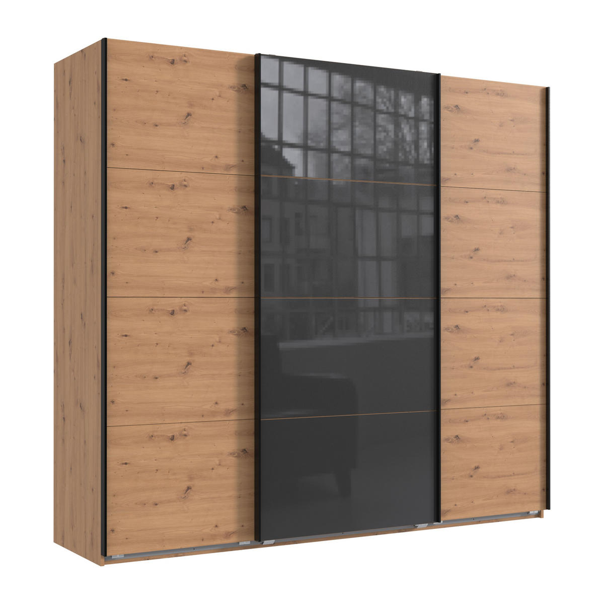 SCHWEBETÜRENSCHRANK 3-türig in Eichendekor, eine Tür mit Glasfront Grau, B225/H208/T64 cm / 22524 - Eichefarben/Schwarz, Holzwerkstoff/Metall (225/208/64cm) - luma-home