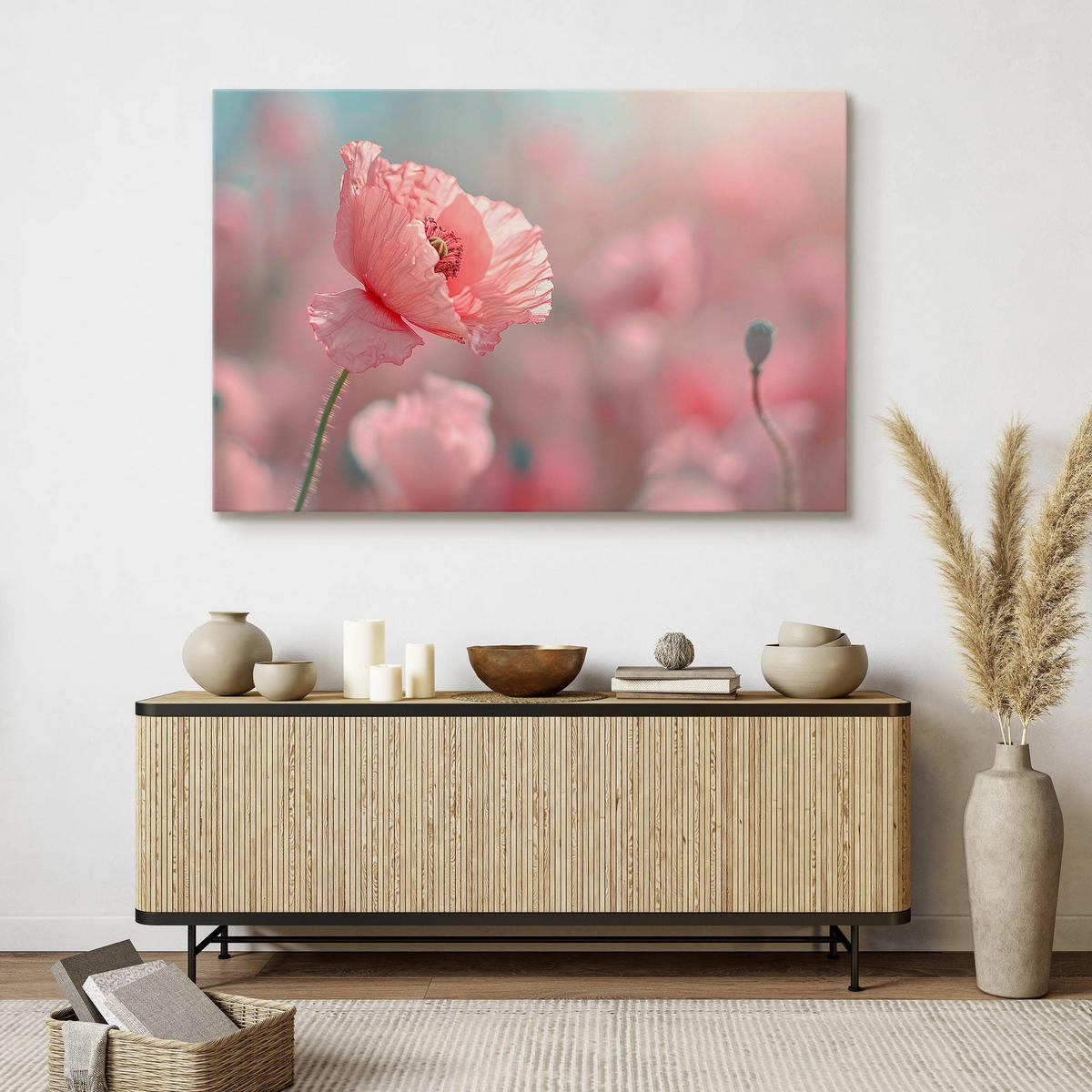 LEINWANDBILD für Wohnzimmer Mohnblumen Pflanzen Natur 120cm x 80cm - Blau/Rosa, Textil (120/80cm) - Muralo