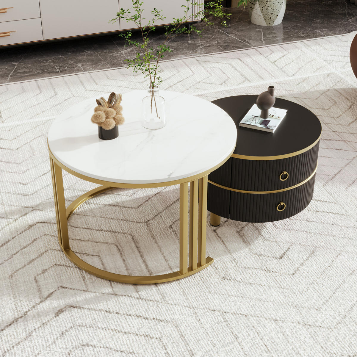 COUCHTISCH-SET Schwarz mit Marmorfurnier und 2 Schubladen - Schwarz, Metall (70/70/46cm)