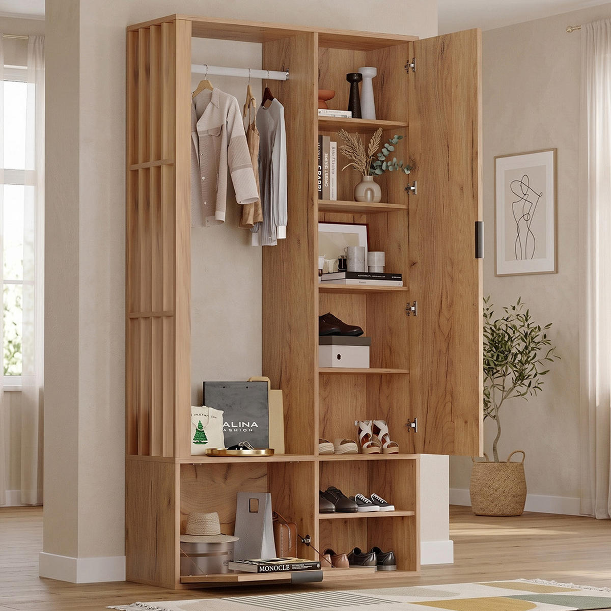 ŠATNÍ SKŘÍŇ 6 v 1 se zrcadlem a sušákem na prádlo, v barvě dřeva - přírodní, kompozitní dřevo (100/190/33cm) - Urban Meuble