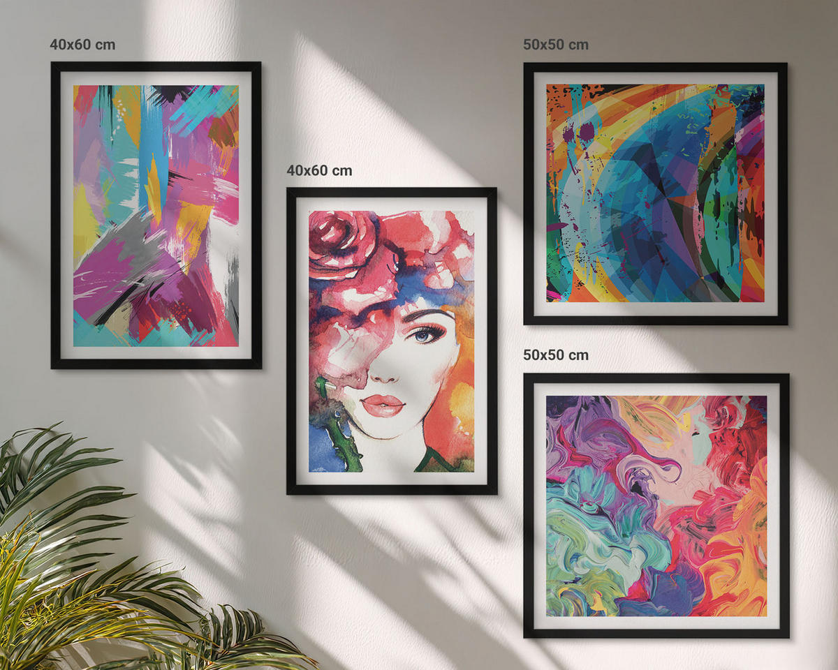 WANDBILDER 4er-Set - 50x50 cm & 40x60 cm Schwarzer Rahmen - Farbenfrohes abstraktes Porträt - Schwarz, Kunststoff (50/50cm) - ArtPrintCave