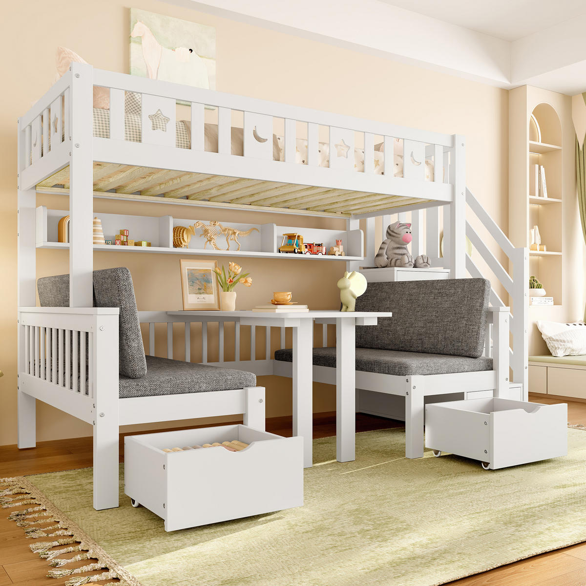 HOCHBETT aus Kiefernholz 90x200 cm in Weiß mit Schreibtisch & Stauraumleiter - Weiß, Holz (90/200cm) - Modfu