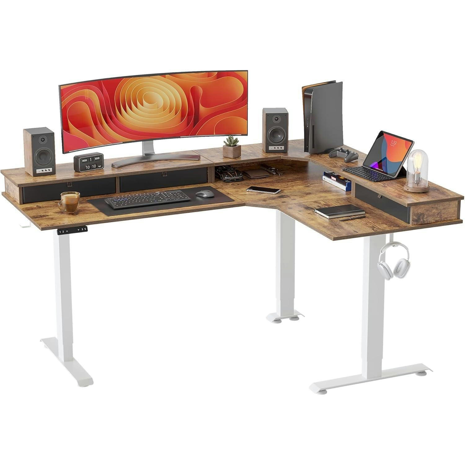 SCHREIBTISCH höhenverstellbar L-Form 160 x 120 cm Weiß/Braun - Multicolor, Holzwerkstoff (160/120/120cm)