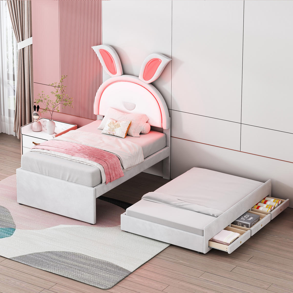 KINDERBETT 90x200 Samtstoff LED Ausziehbar Stauraum Beige - Beige, Holzwerkstoff - FLIEKS