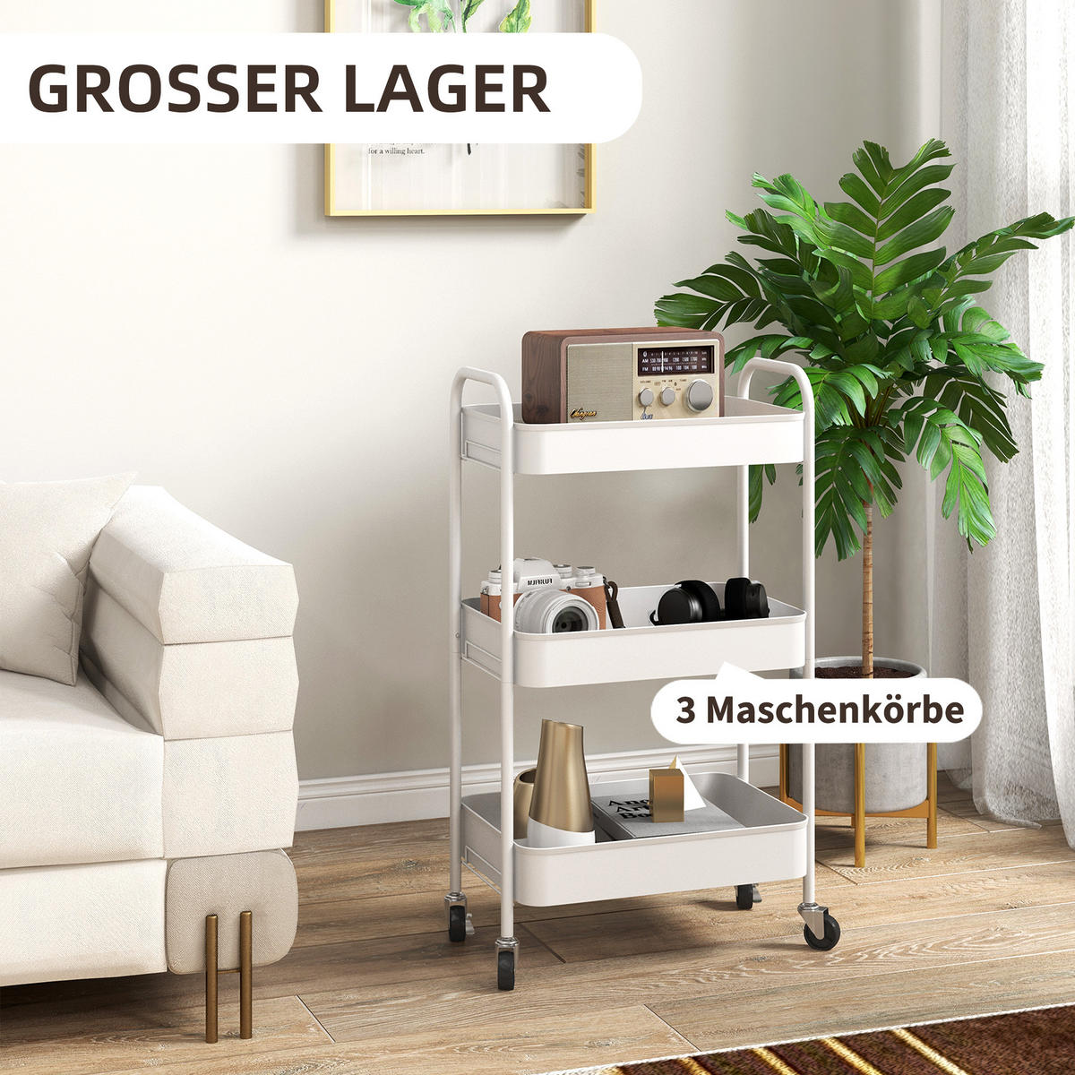 SERVIERWAGEN Rollwagen mit 3 Etagen, für Küche, Wohnzimmer, Stahl, Weiß - Weiß, Metall (30.6/79/45cm) - HOMCOM