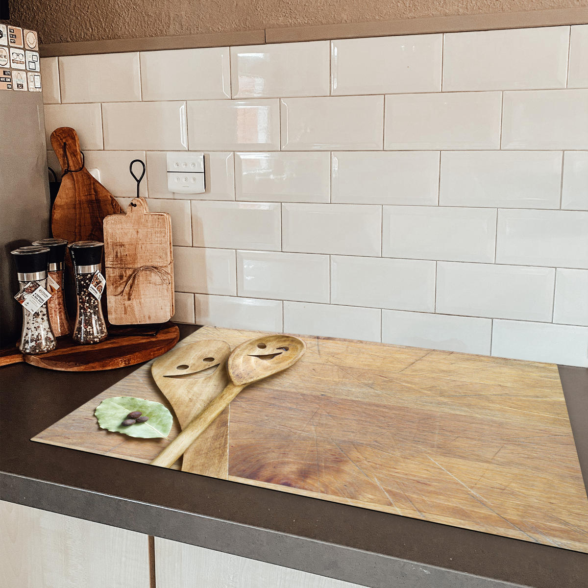 HERDABDECKPLATTE Holz - Löffel - Braun - Smiley Ceranfeldabdeckung 76x51.5 cm - Hellbraun, Kunststoff (76/51.5/0.2cm) - MuchoWow