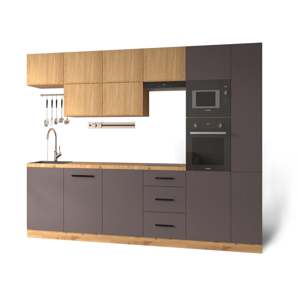 KÜCHENZEILE 240 - Langen KL3-M340 in Grau/Artisan Eiche - Schwarz/Eiche Artisan, Holz (340/212/58cm)