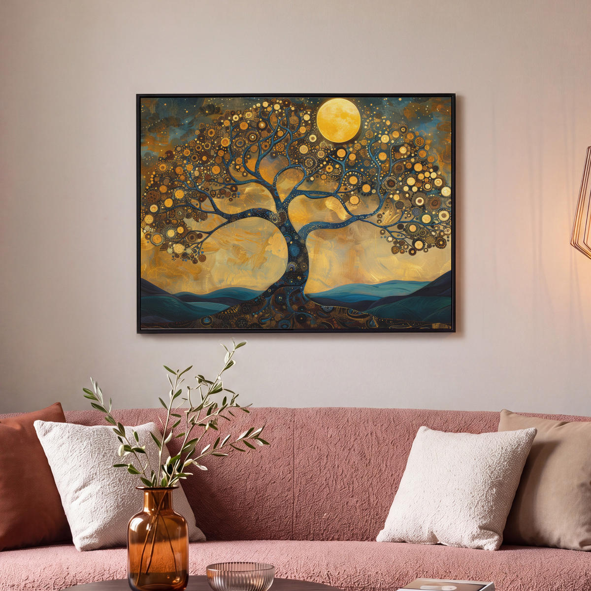 LEINWAND Bilder mit Rahmen - Baum - Mond - Blumen - Gold - Kunst - 80x60 - Orange, Textil (80/60cm) - MuchoWow