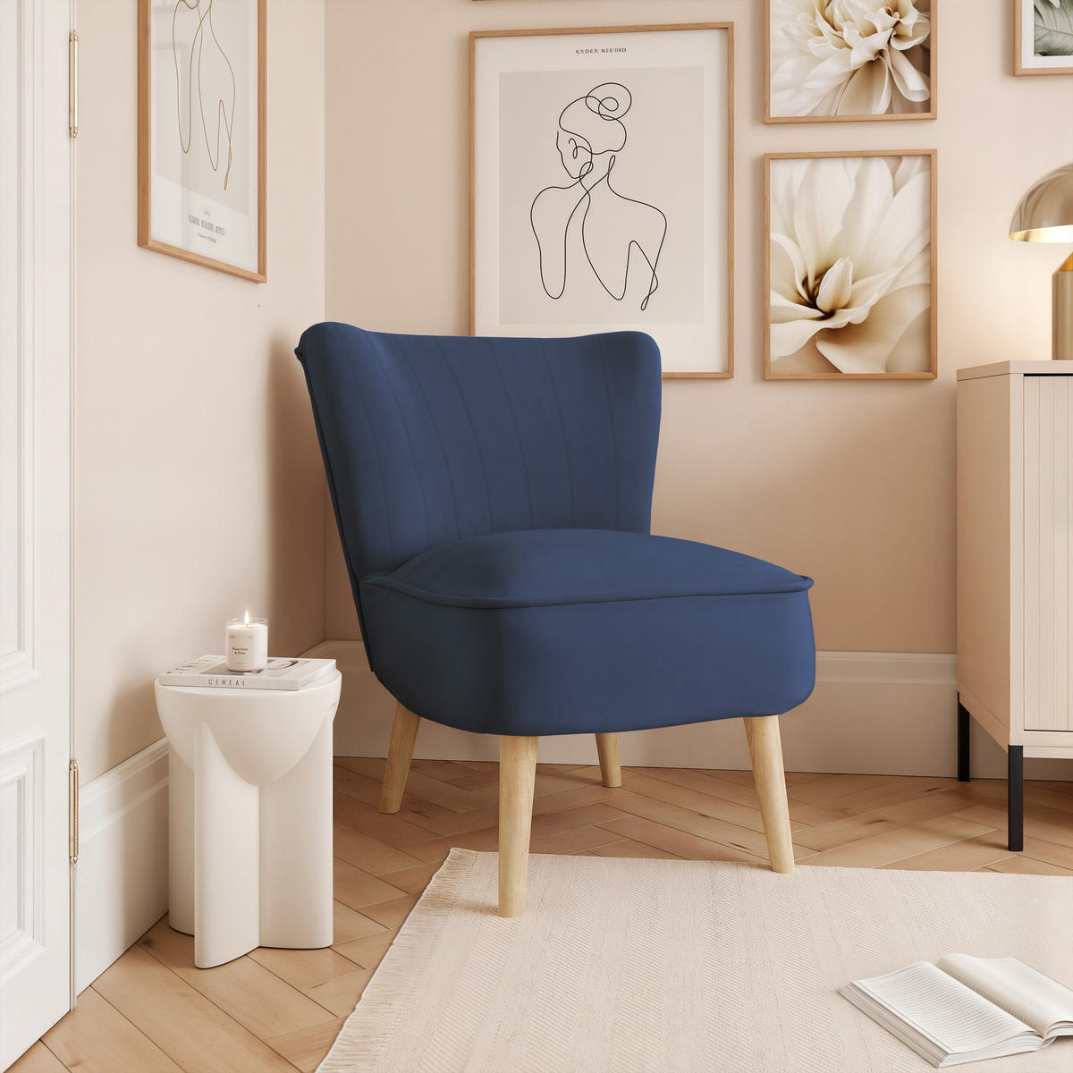 SESSEL DANTE 67/76/76 cm, Samtstoff Marineblau - Buchefarben/Dunkelblau, Holz/Textil (67/76/76cm) - Idohome