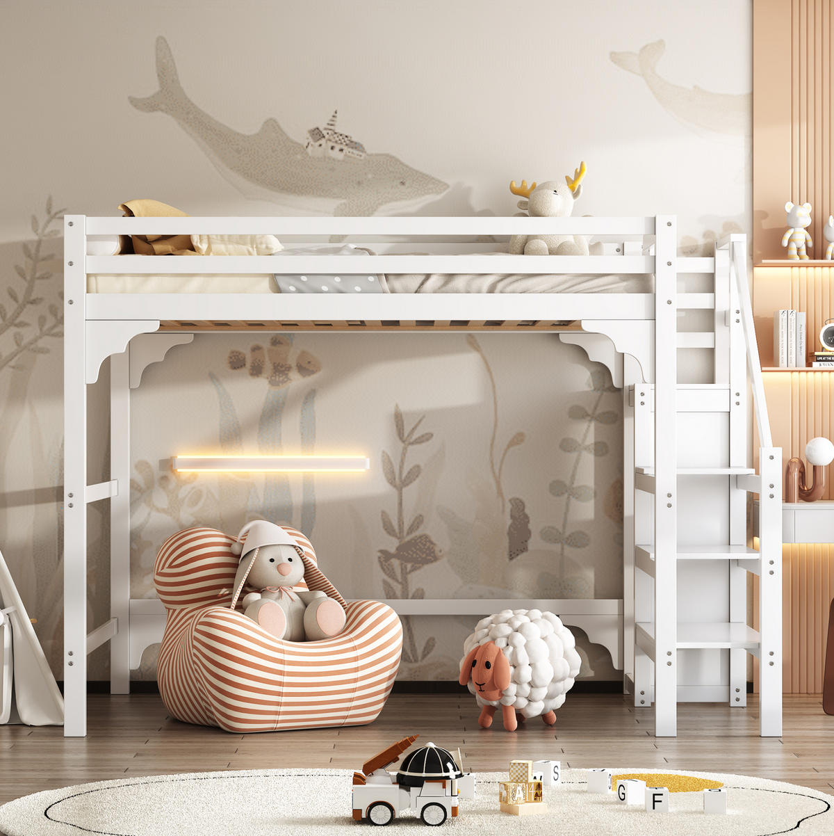 HOCHBETT 140/200 cm aus Kiefernholz mit Kleiderschrank und Treppe, Weiß - Weiß, Holz (140/200cm) - OKMYHOME