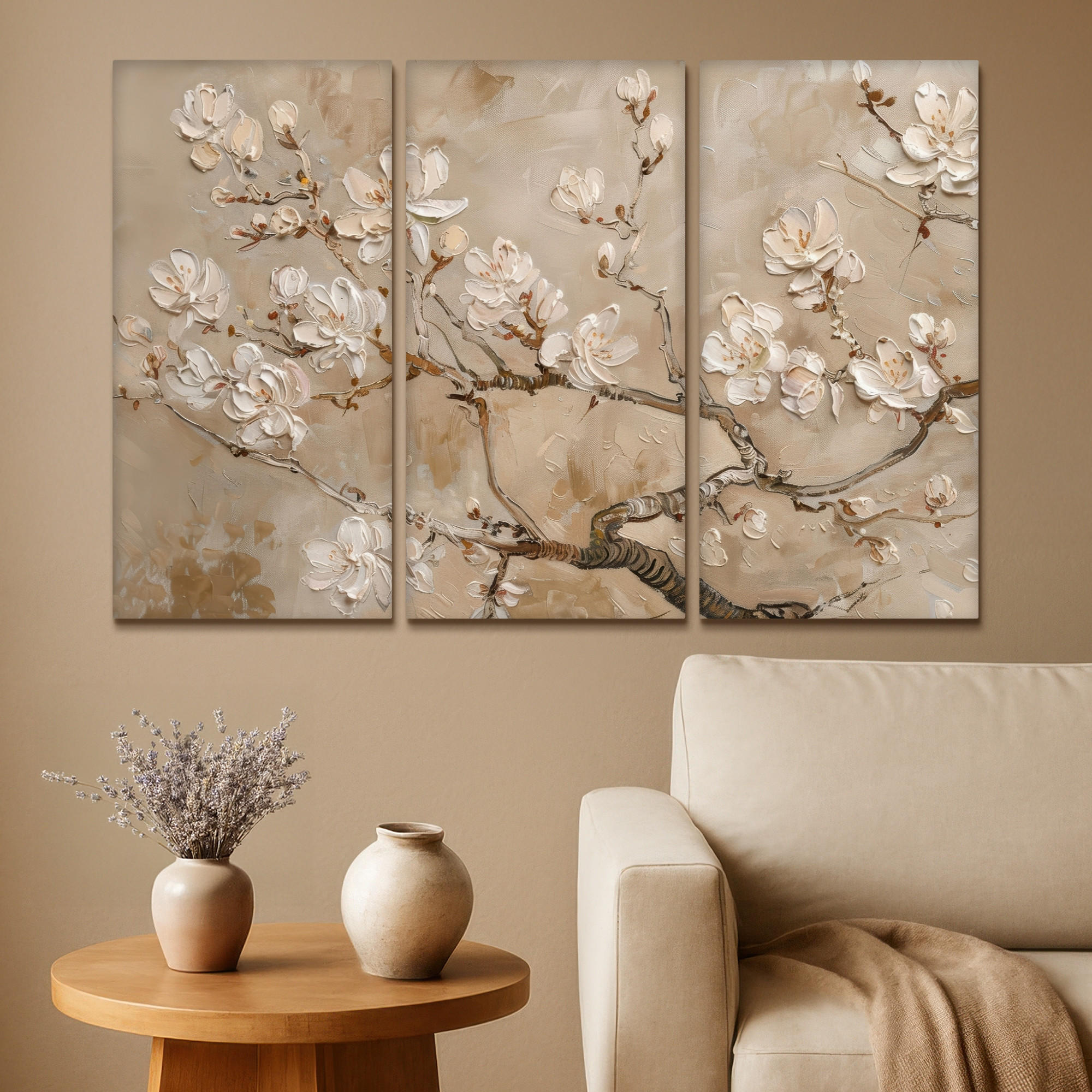 LEINWANDBILD 3er Set Beige - Blüte - Modern 120x80 cm - Greige, Textil (120/80cm) - MuchoWow