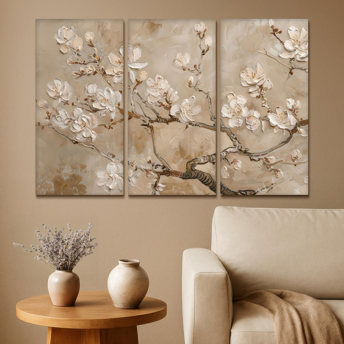 LEINWANDBILD 3er Set Beige - Blüte - Modern 120x80 cm - Greige, Textil (120/80cm) - MuchoWow