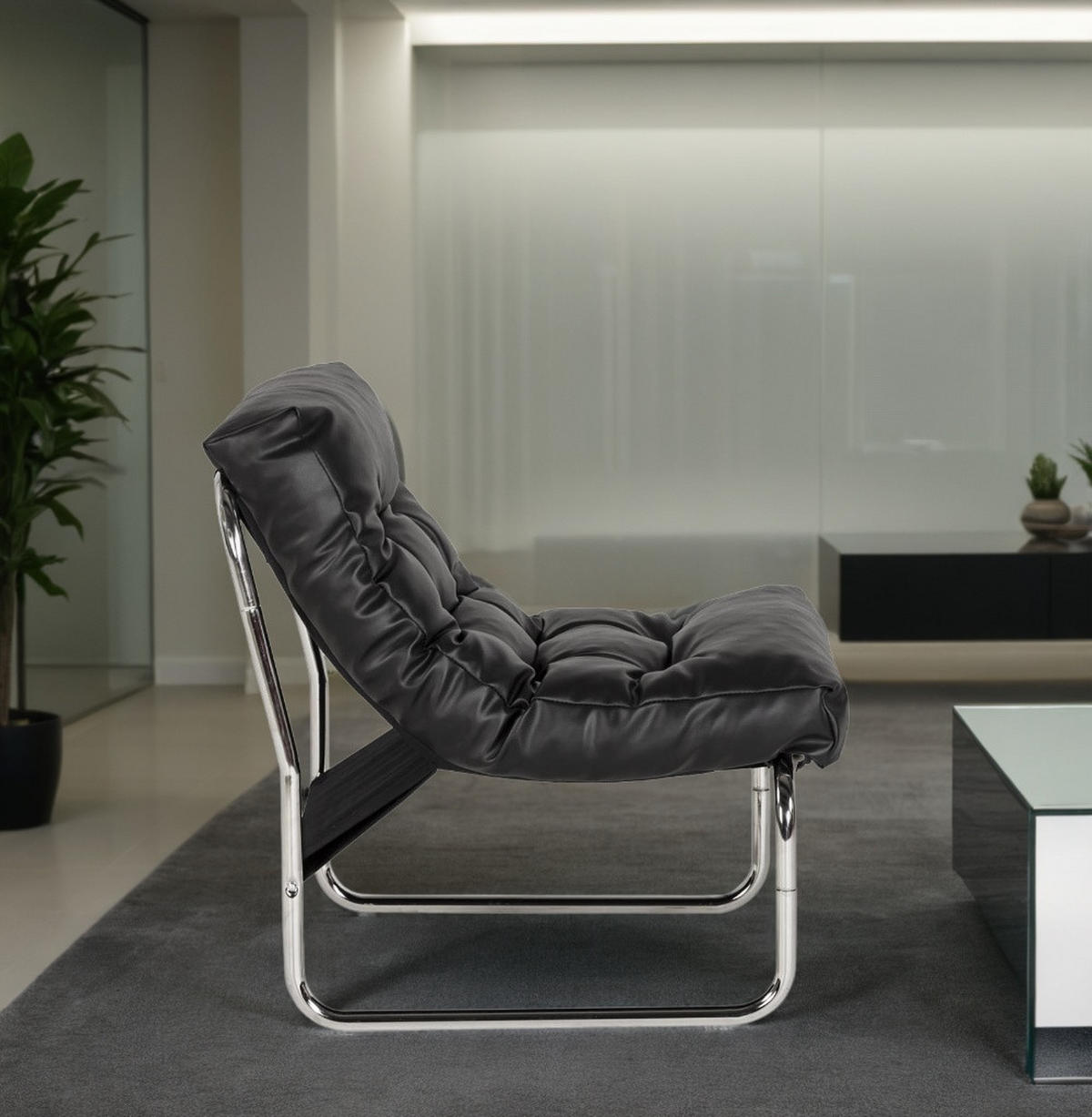 CLUBSESSEL mit Chromkufen im Retro-Stil, modular verbindbar, Schwarz 73x60x76 cm - Silberfarben/Schwarz, Textil/Metall (60/76/71cm) - KADIMA DESIGN