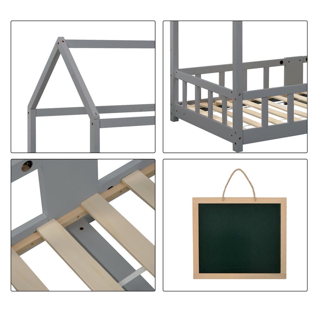 HAUSBETT 90/200 cm Grau aus Kiefer Massivholz mit Tafel und Rausfallschutz - Grau, Holzwerkstoff (90/200cm) - OKWISH