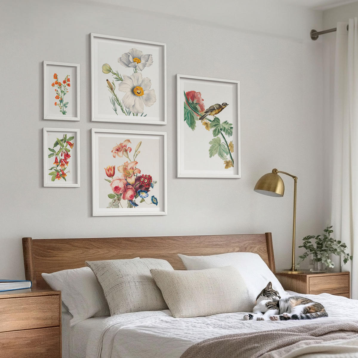 BILDER SET 5er Set - 50x50 cm & 20x30 cm & 40x60 cm Weißer Rahmen - Gemalte Blumen, Retro-Vogel - Weiß, Kunststoff (40/60cm) - TULUP