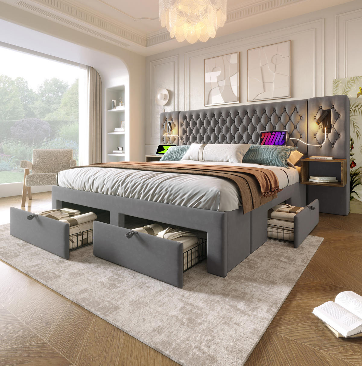 POLSTERBETT 180/200 cm Grau mit Leselicht und 4 Schubladen aus Samt - Grau, Textil (180/200cm) - OKWISH
