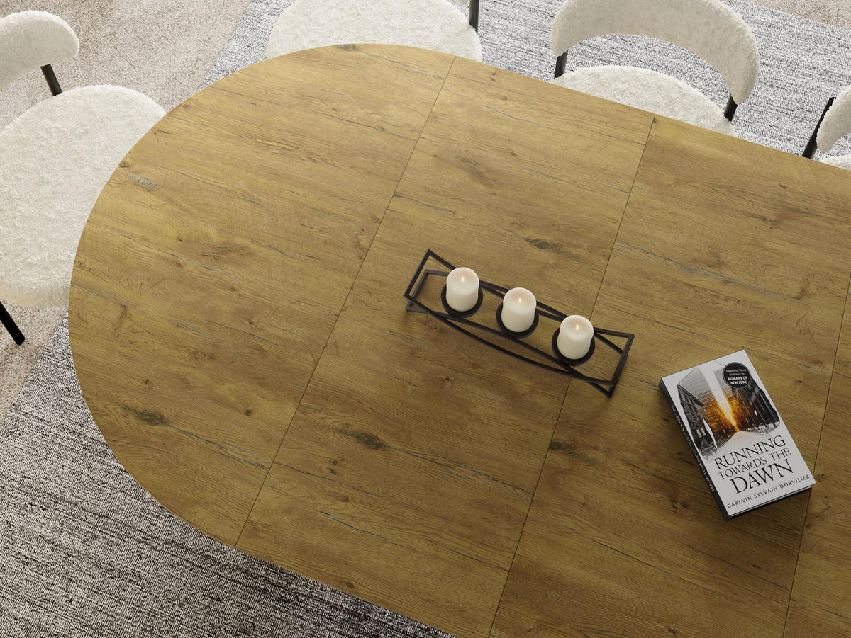 ESSTISCH Naro rund ausziehbar mit Weißem Lamellen-Metallgestell, Braun 120-200/120/76 cm - Eichefarben/Weiß, Holzwerkstoff/Metall (120/120/76cm) - WFL GROUP