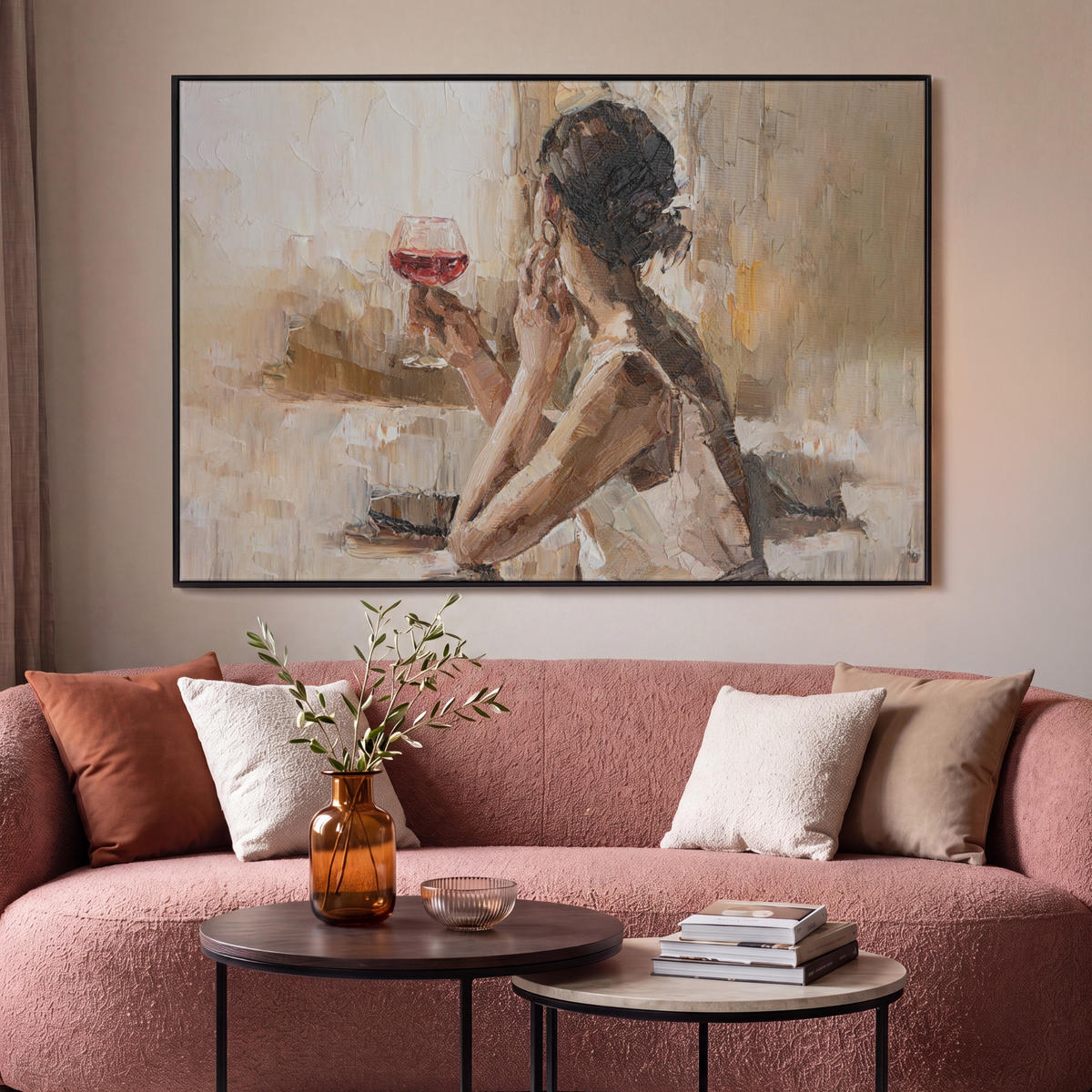LEINWAND Bilder mit Rahmen - Ölgemälde - Frau - Wein - 150x100 - Hellbraun, Textil (150/100cm) - MuchoWow