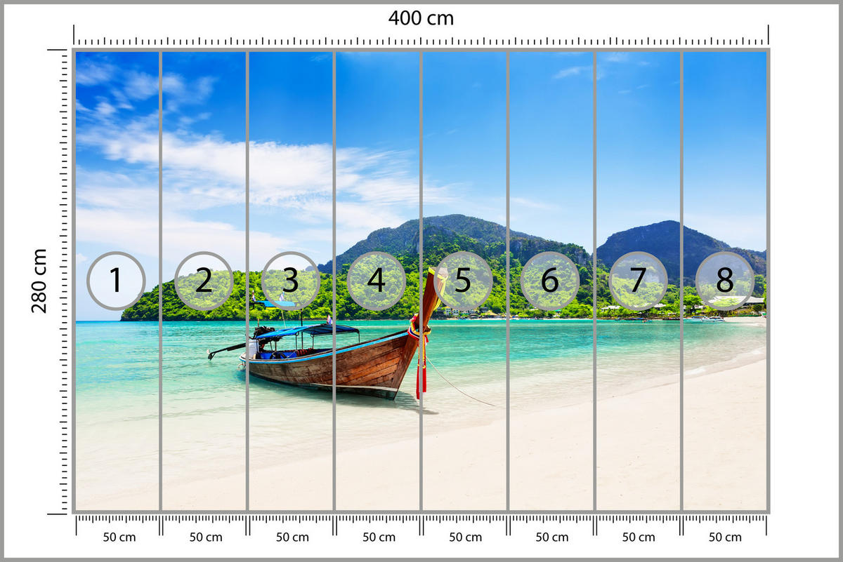 FOTOTAPETE für Schlafzimmer Boot Tropenstrand Palmen Meer 400x280 - Türkis/Blau, Papier (400/280cm) - Muralo