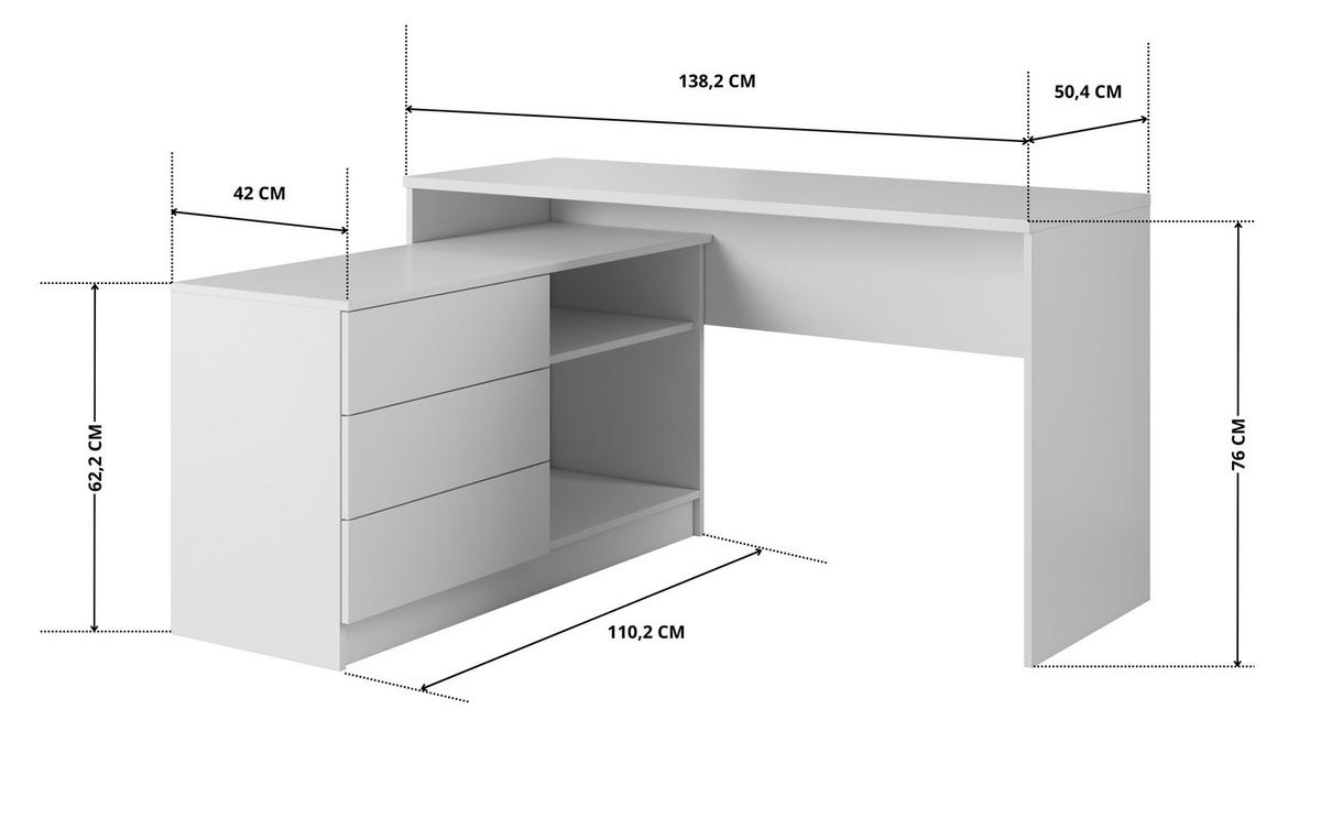 SCHREIBTISCH KAJA 138 cm Weiß Matt - mit Seitenmodul, 3 Schubladen und 2 Fächern - Weiß, Holz/Holzwerkstoff (110/138/76cm) - Ravio