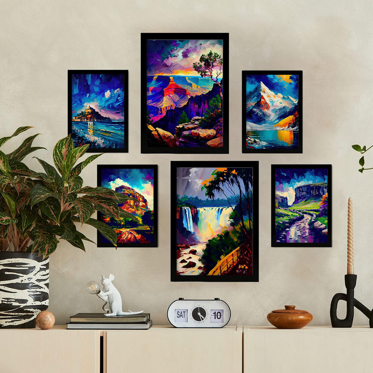 POSTER Set Mit 6 Blau Im Ölgemälde Stil A3 & A4 Schwarzer Rahmen - Schwarz, Papier (29/3cm) - Nacnic