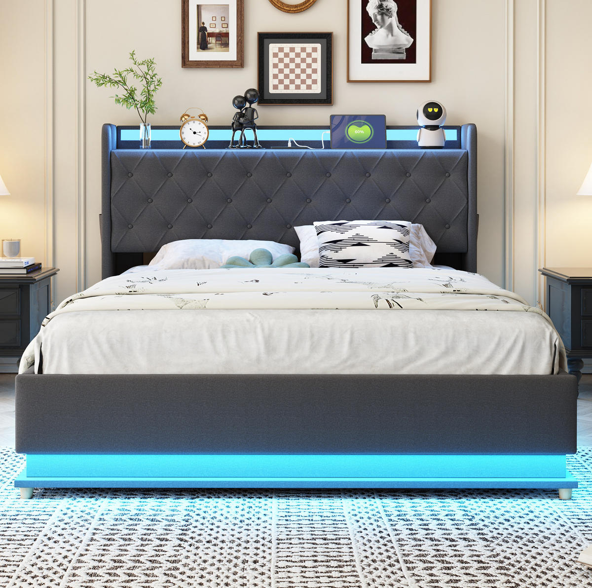 ČALÚNENÁ posteľ 140/200 cm s LED osvetlením, USB portom a hydraulickým úložným priestorom, Sivá - sivá, textil (140/200cm) - Redom