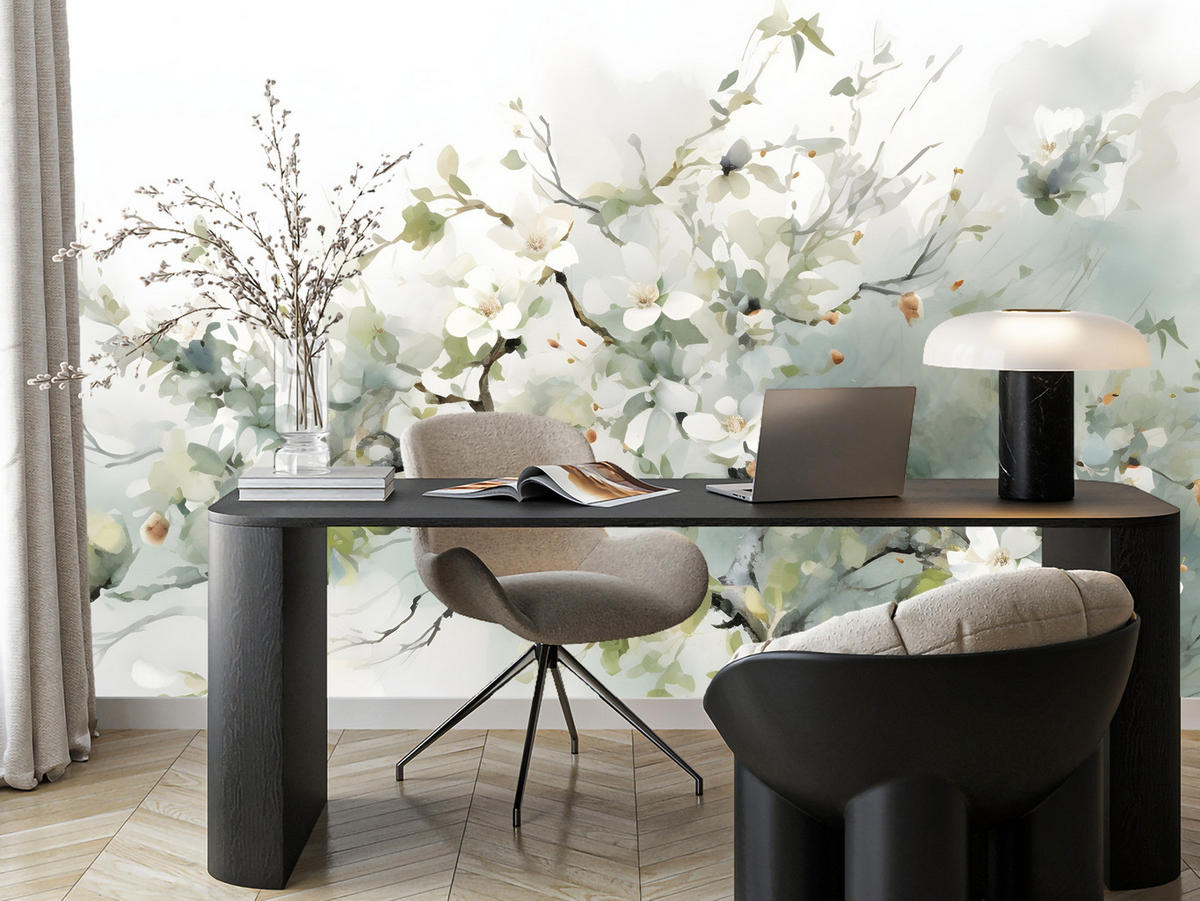 FOTOTAPETE für Wohnzimmer Aquarellbaum Blumen Natur 450x315 - Beige/Weiß, Papier (450/315cm) - Muralo