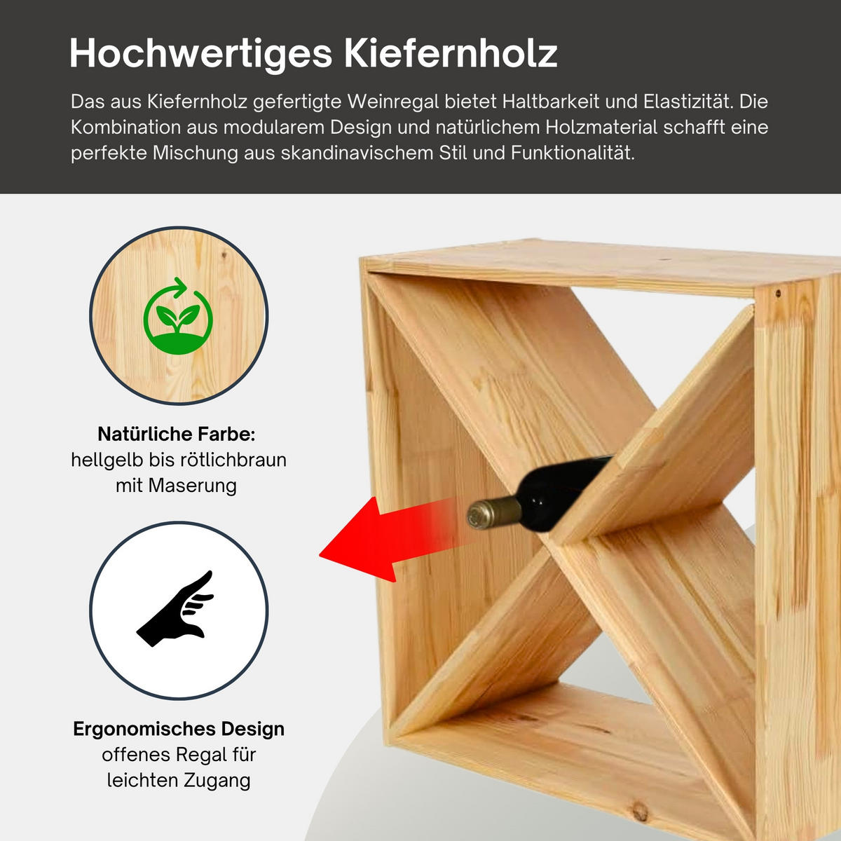 WEINREGAL Vincellar Mod 60x60x30 cm Kreuz Modul Für 40 Flaschen Massives Kiefernholz Natur - Naturfarben, Holz (60/60/30cm) - PROREGAL