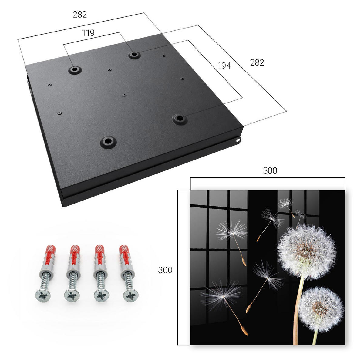 SCHLÜSSELBOX Schwarz 30x30 cm- Türöffnung nach rechts - Zarte Löwenzahnblüten - Schwarz, Metall (30/30/5cm) - TULUP