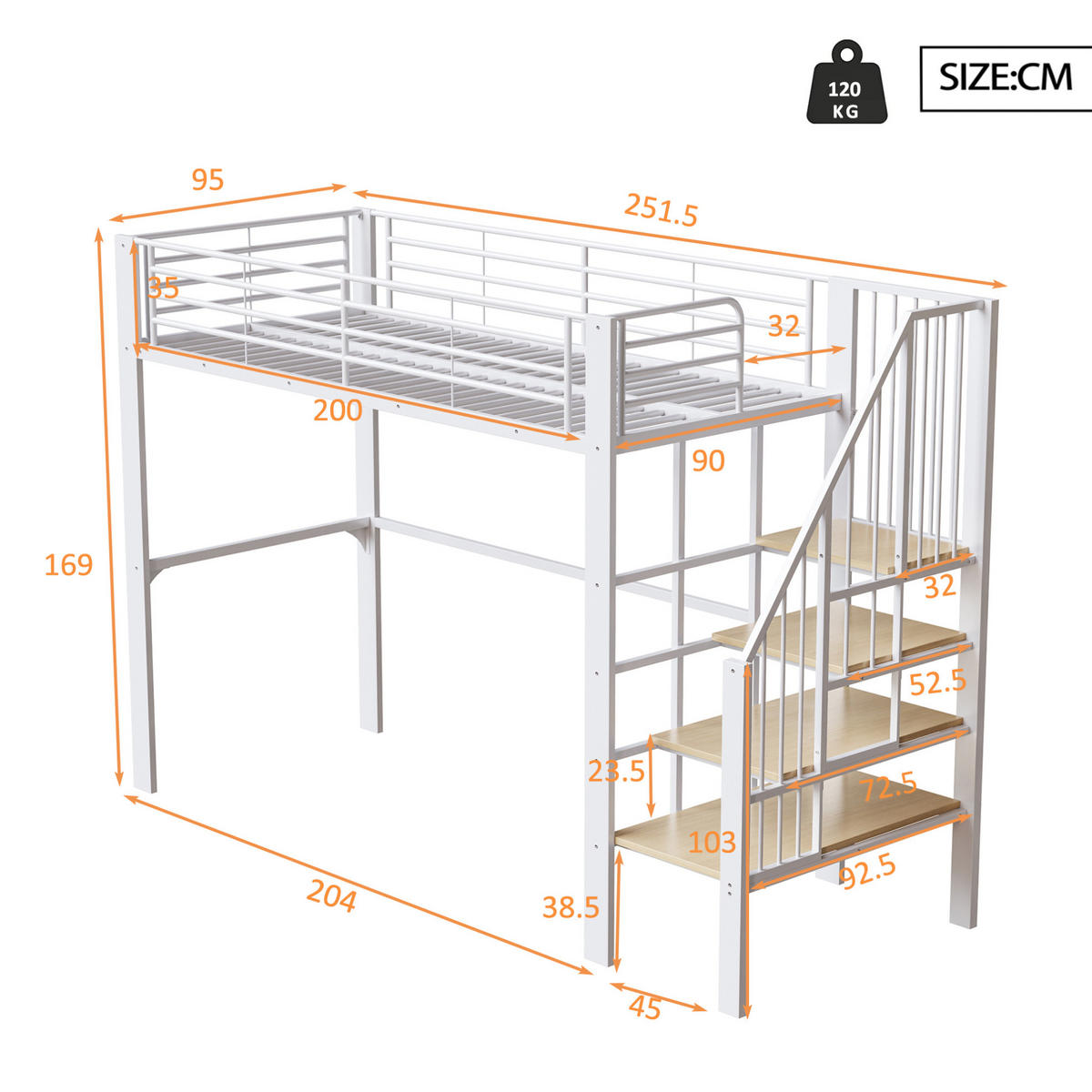 HOCHBETT 90/200 cm mit Treppe und Stauraum aus Metall und Holz, Weiß - Weiß, Metall (90/200cm) - Redom