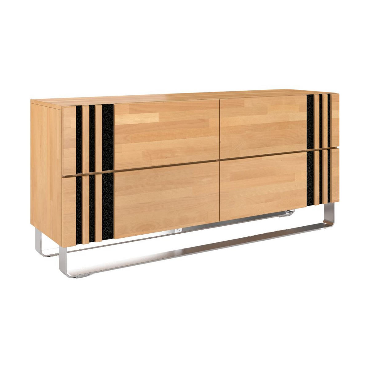 MASSIVHOLZKOMMODE Kielce mit Metallfüßen, Buche - lackiert, Naturfarben, Schwarz Glas - Edelstahlfarben/Buchefarben, Holz/Metall (160/77/46cm) - Visby